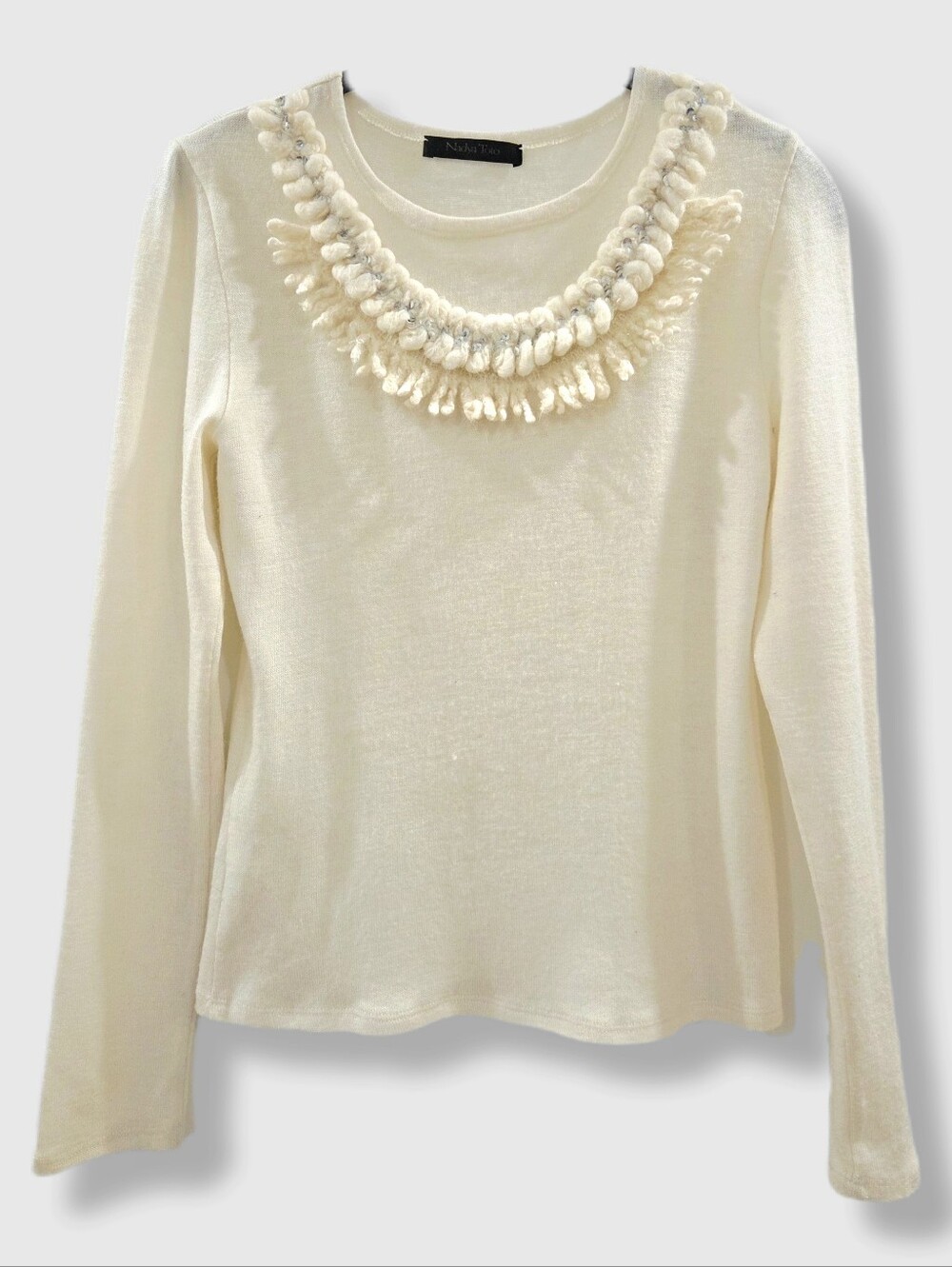 Nadya Toto Wool Blend Sweater Cream, Pom Pom Sequin Trim, Made in Canada Small